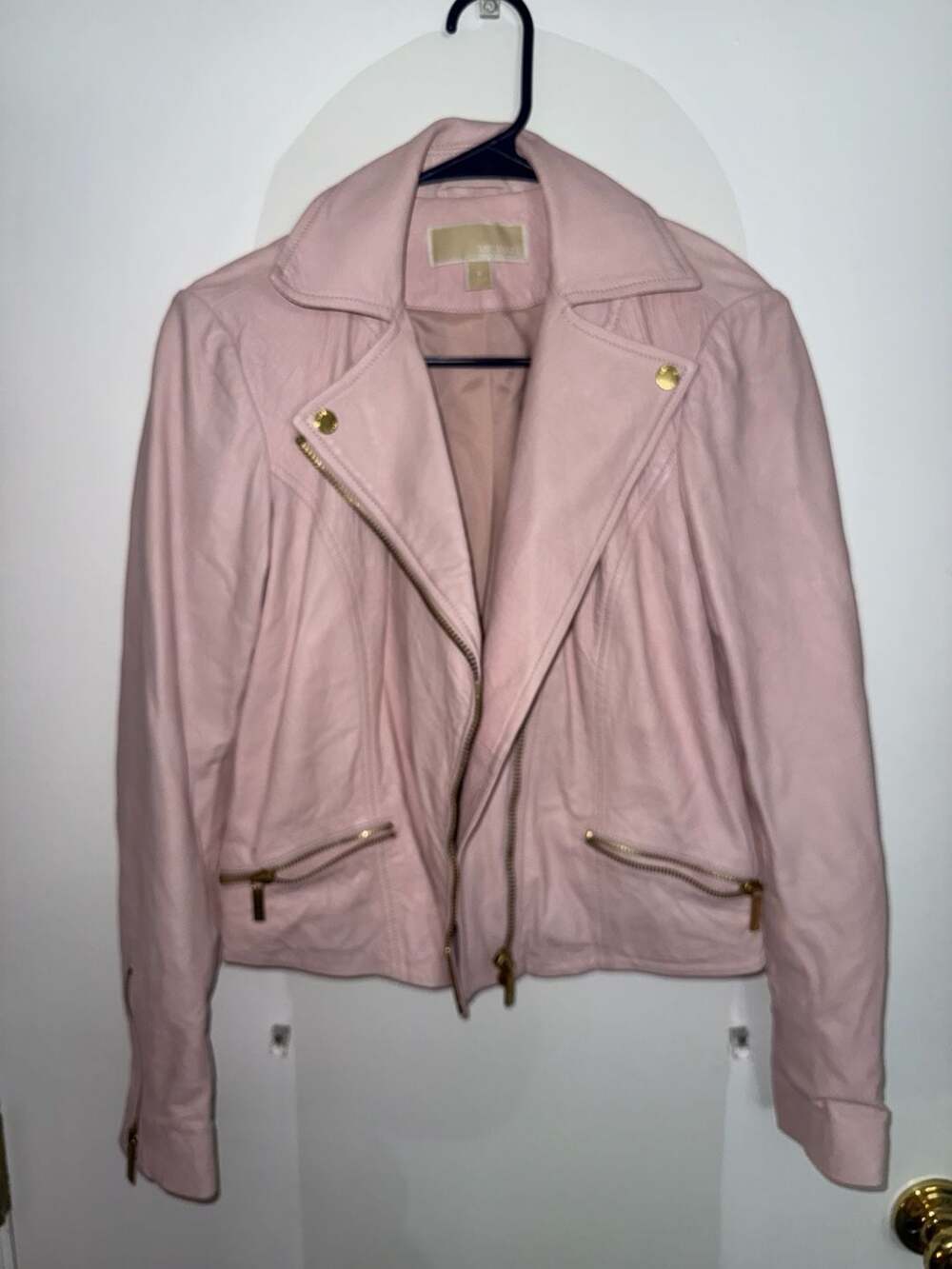 MICHAEL Michael Kors Blossom Pink Crinkled Lamb Leather Moto Jacket